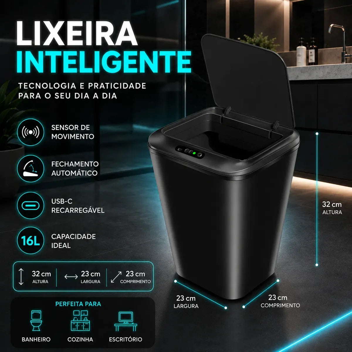 [COMPRE 1 LEVE 2] Lixeira Inteligente com Sensor de Aproximação [USB] - 14 L / Preta